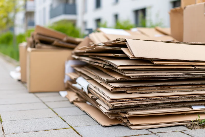 Flattened cardboard boxes stacked on a sidewalk outside a residential building