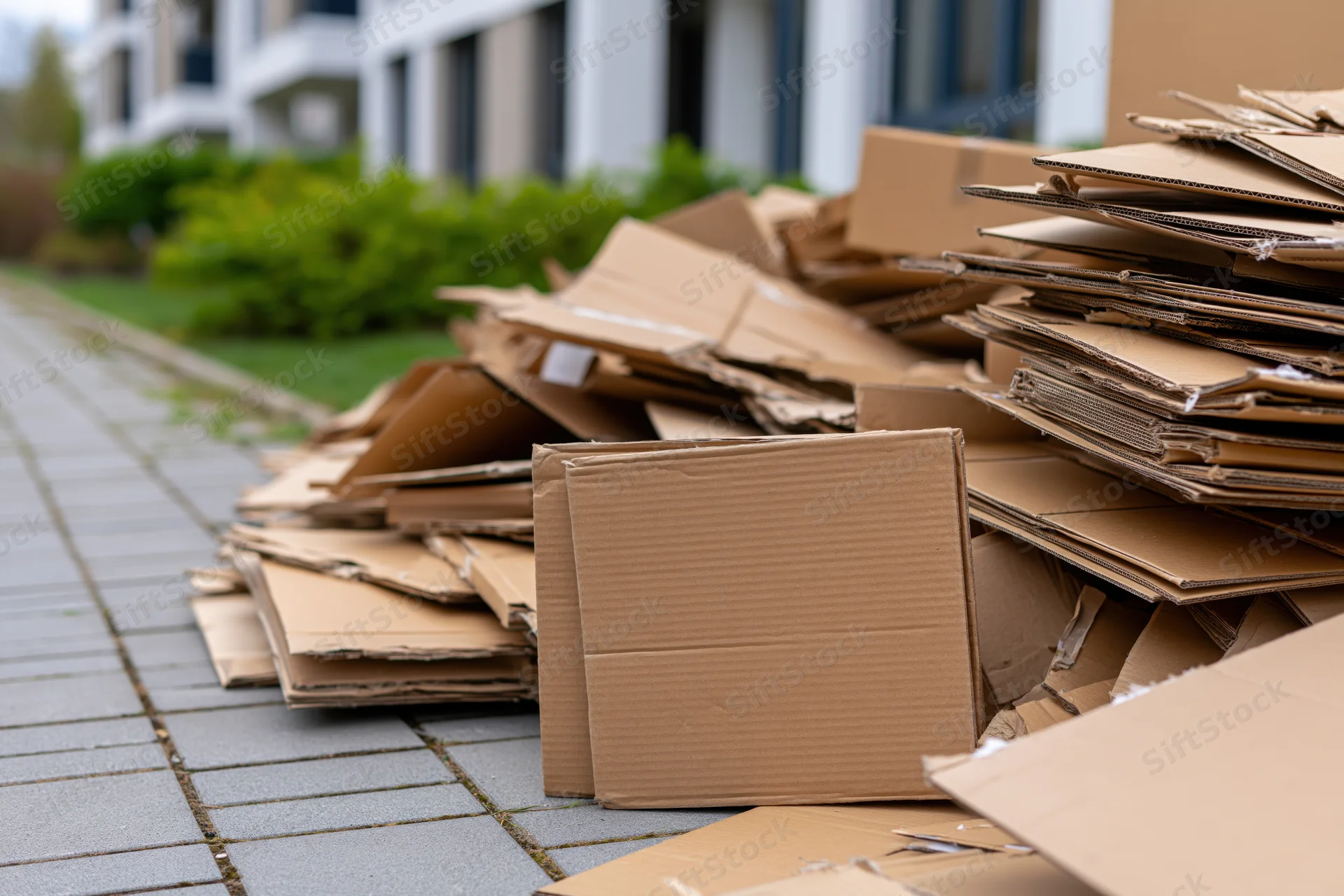Flattened cardboard boxes piled on a sidewalk outside a residential building