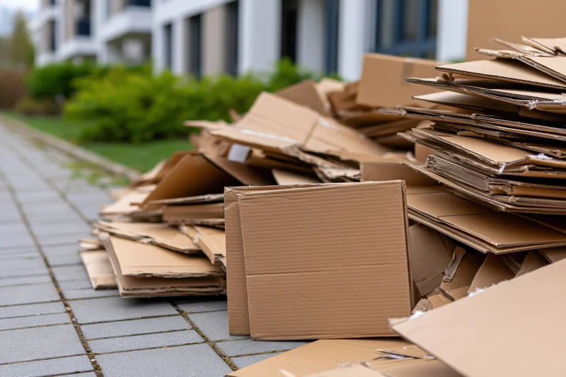 Flattened cardboard boxes piled on a sidewalk outside a residential building