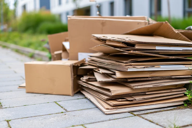 Flattened cardboard boxes stacked on a sidewalk for recycling
