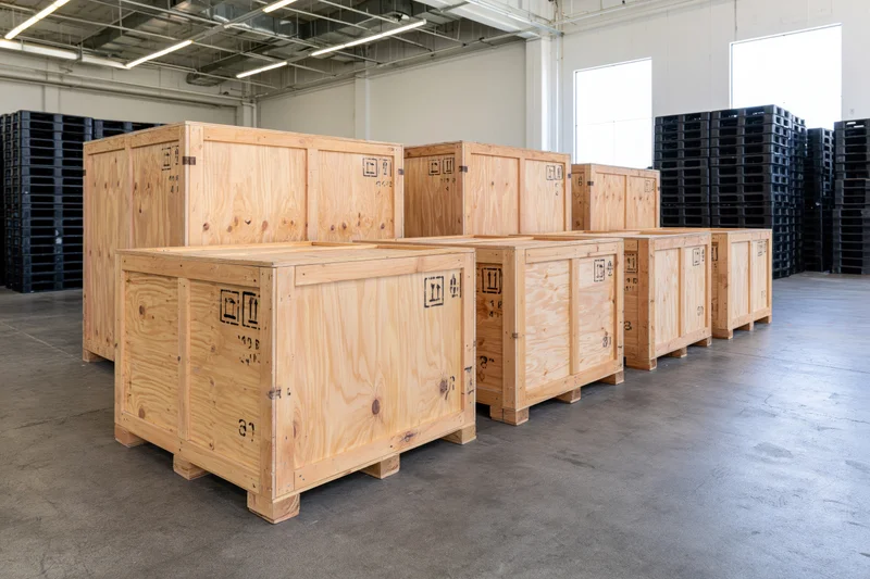 Large plywood shipping crates stenciled with handling symbols arranged in rows inside a warehouse
