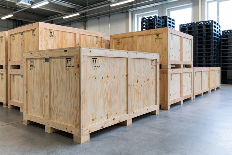 Large plywood shipping crates with handling symbols arranged in rows inside a warehouse