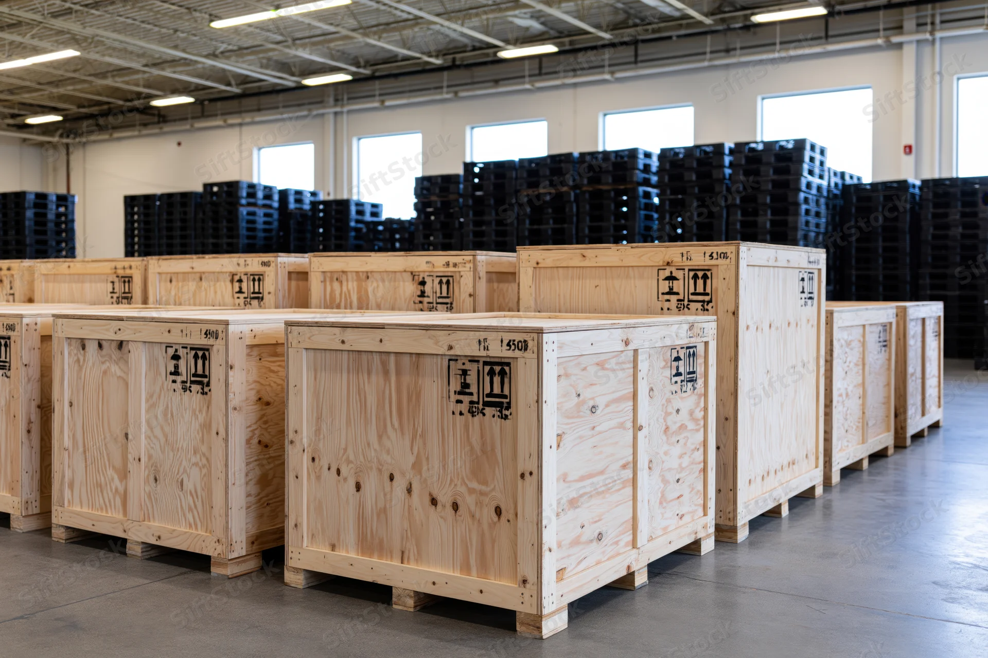 Large plywood shipping crates stenciled with handling symbols arranged in rows inside a warehouse