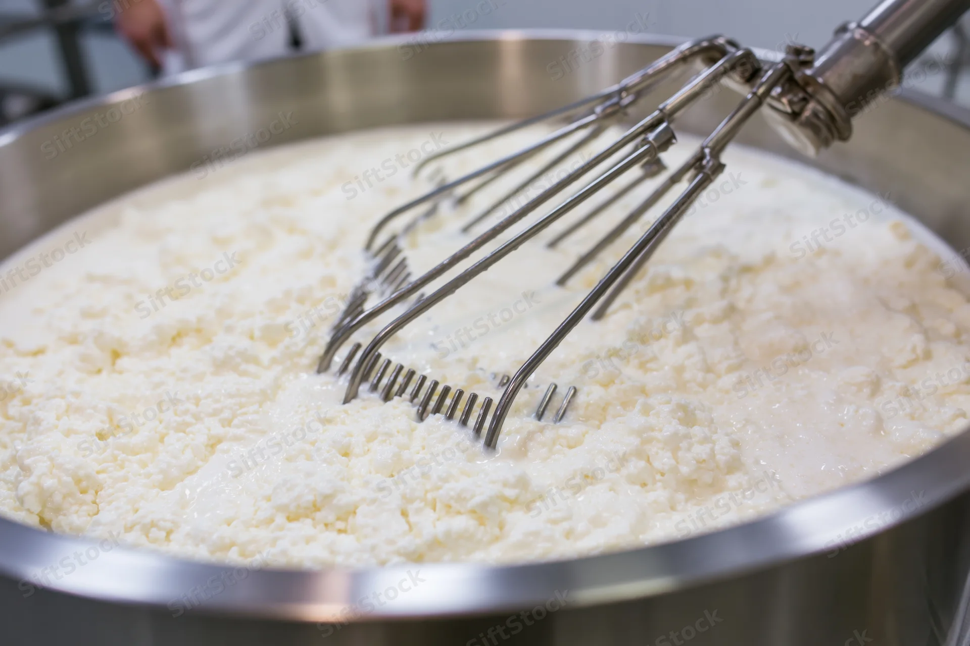 Stainless steel vat filled with white curds being mixed by a mechanical whisk in a dairy production facility