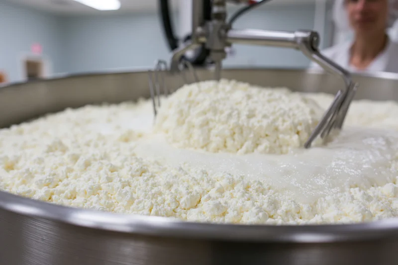 Cheese curds being mixed in a stainless steel vat during dairy production