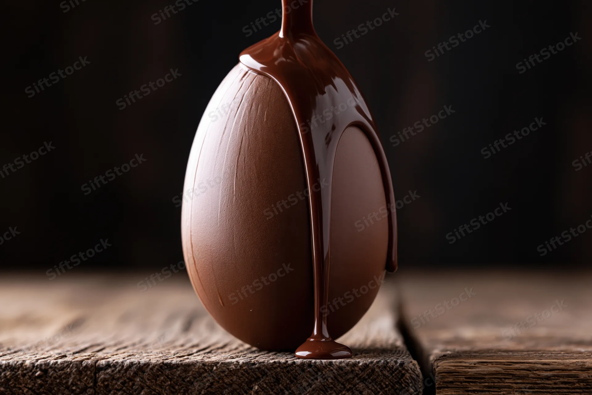 Chocolate egg with melted chocolate dripping down on wooden surface