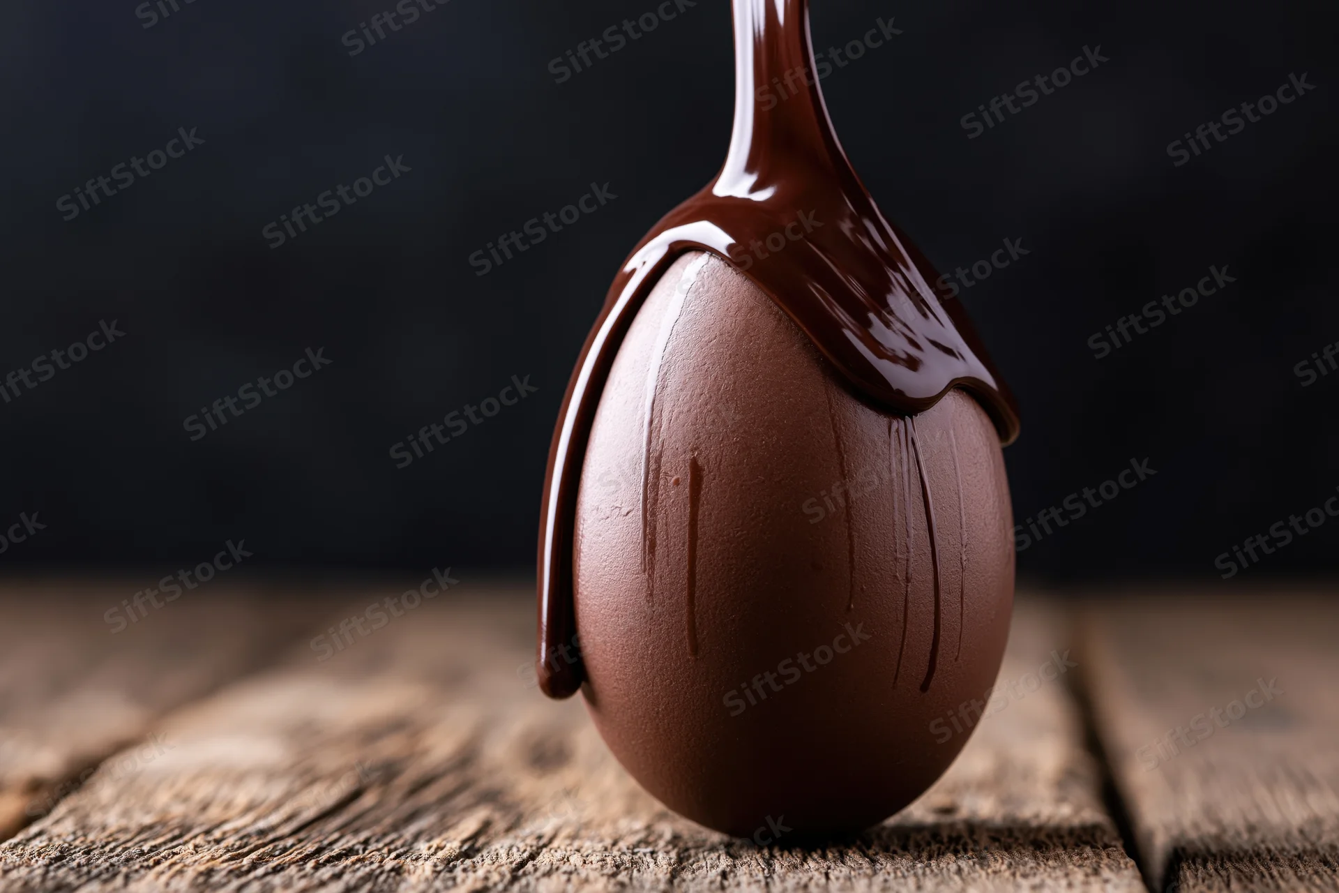 Chocolate egg being coated with flowing melted chocolate on wooden surface