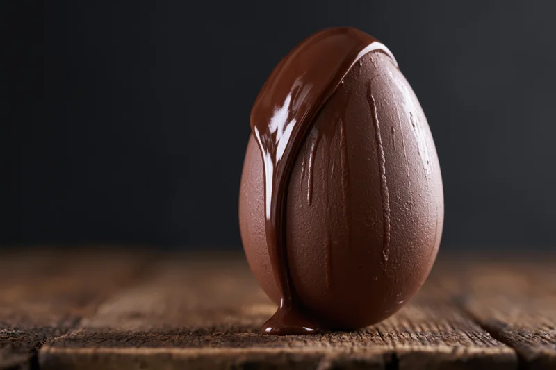 Chocolate egg with melted chocolate dripping down on wooden surface