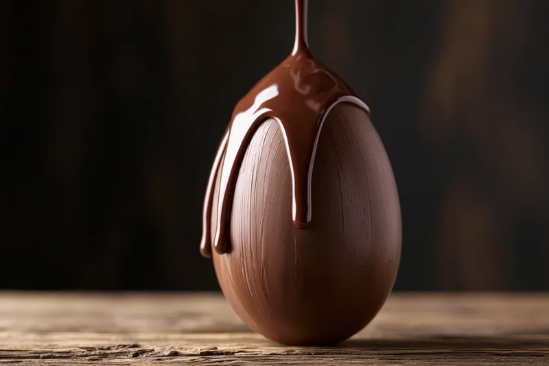 Chocolate egg being coated with dripping melted chocolate on wooden surface