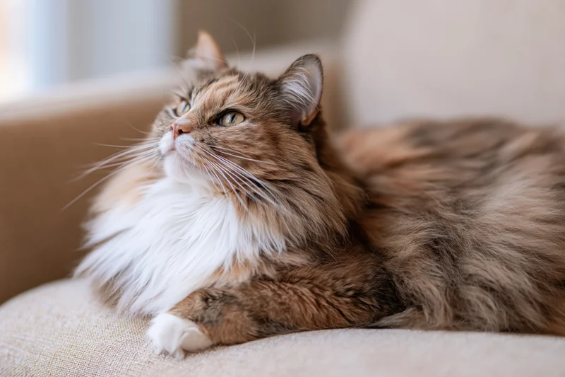 Longhaired tortoiseshell cat resting on beige sofa indoors