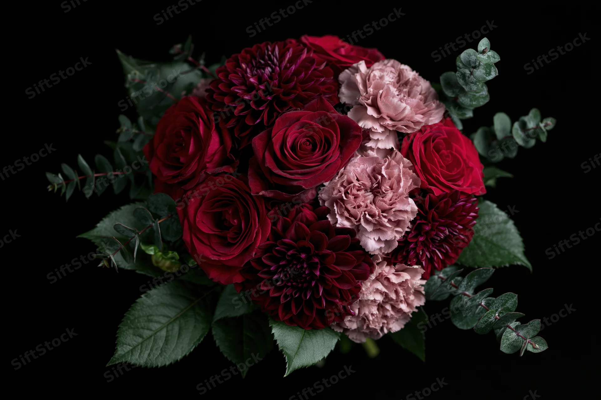 Lush bouquet of deep red roses, burgundy dahlias, and dusty pink carnations with green eucalyptus leaves on black background