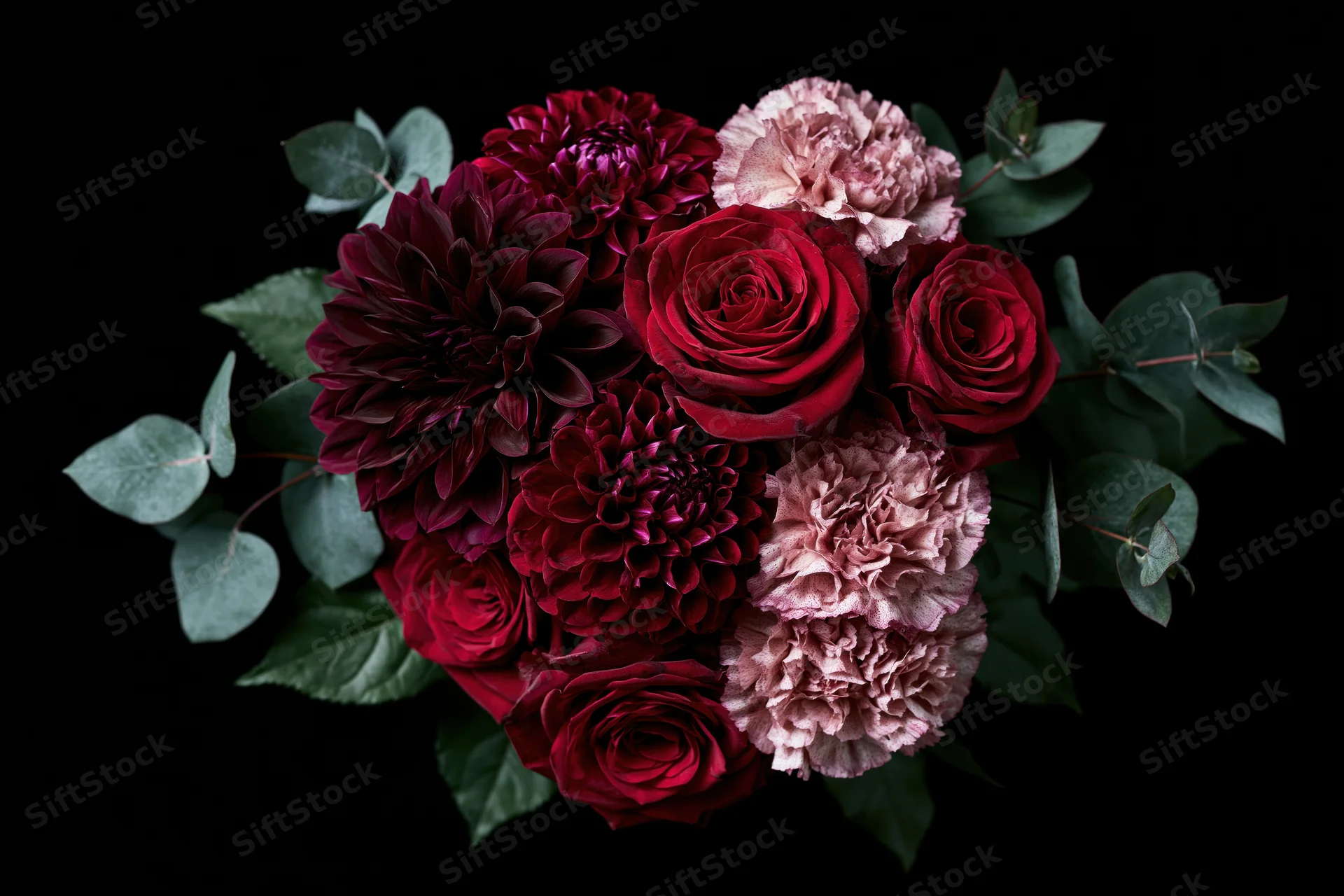 Lush bouquet of deep red roses, burgundy dahlias, and dusty pink peonies with eucalyptus leaves on black background