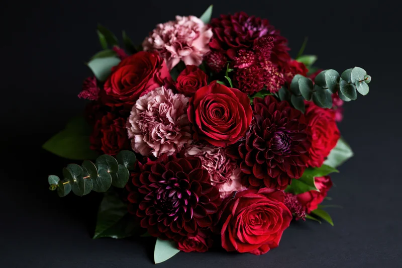 Lush bouquet of deep red roses and burgundy dahlias with eucalyptus leaves on dark surface