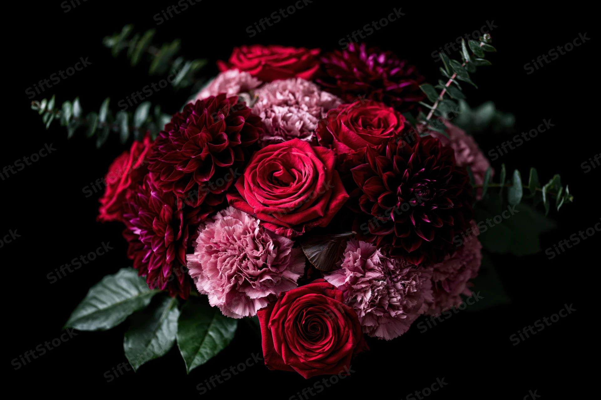 Lush bouquet of deep red roses and burgundy dahlias with dusty pink carnations and green foliage on black background