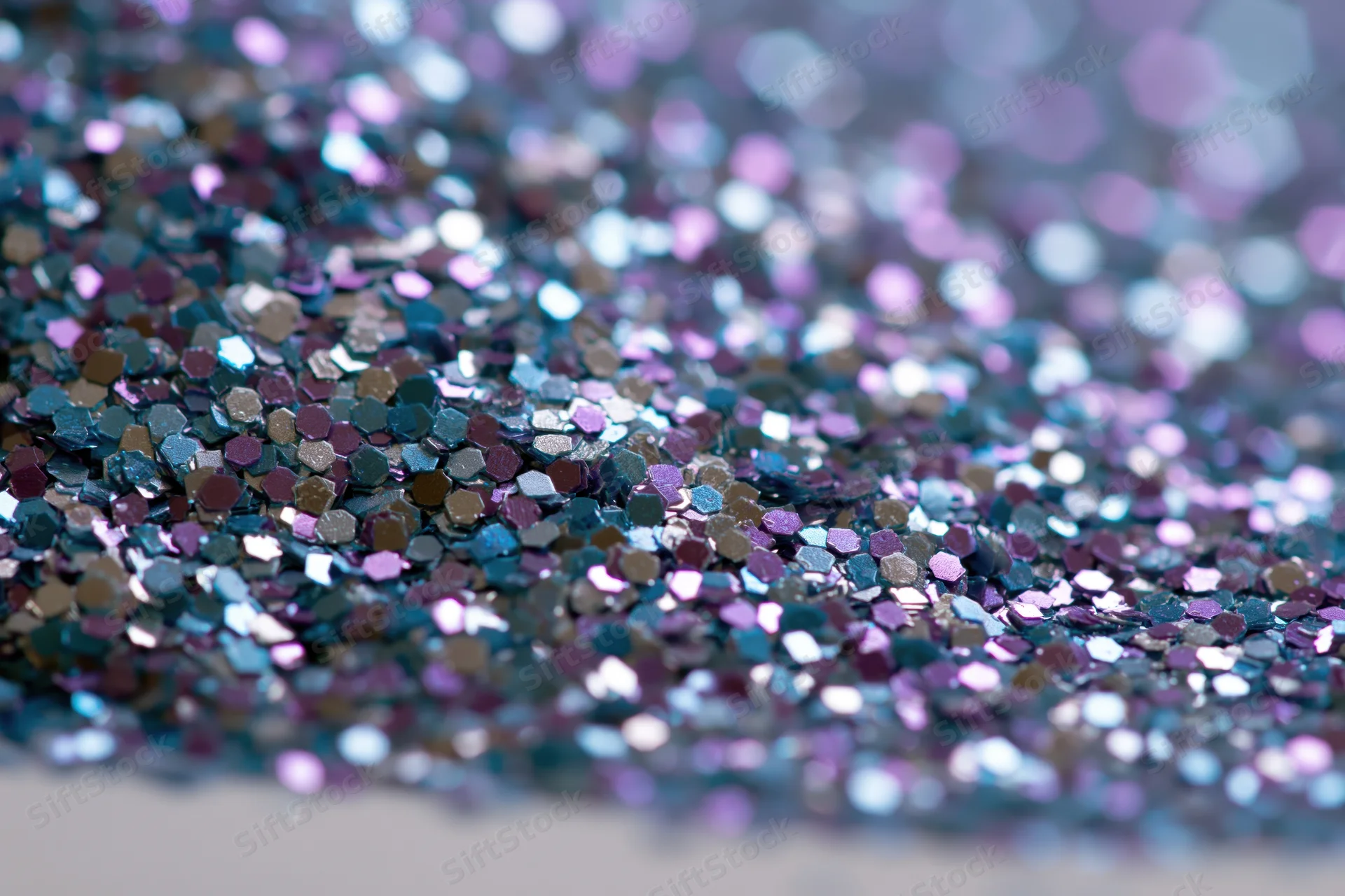 Macro closeup of loose holographic glitter scattered densely on a surface