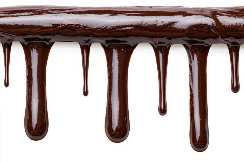 Melted dark chocolate dripping in glossy streams against white background