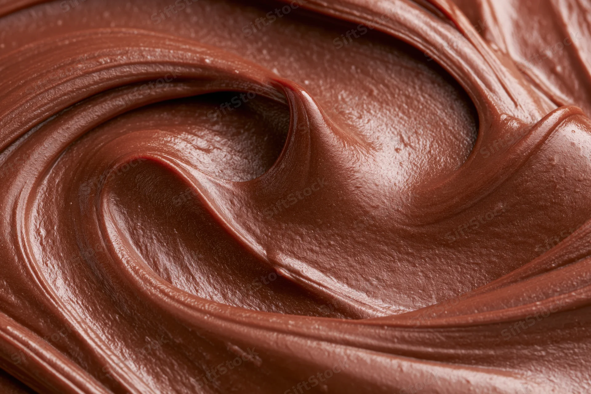 Melted milk chocolate swirled across a flat surface in closeup view