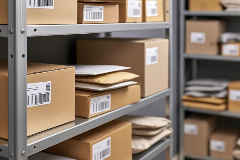 Metal shelving units holding stacked cardboard shipping boxes in a warehouse storage area