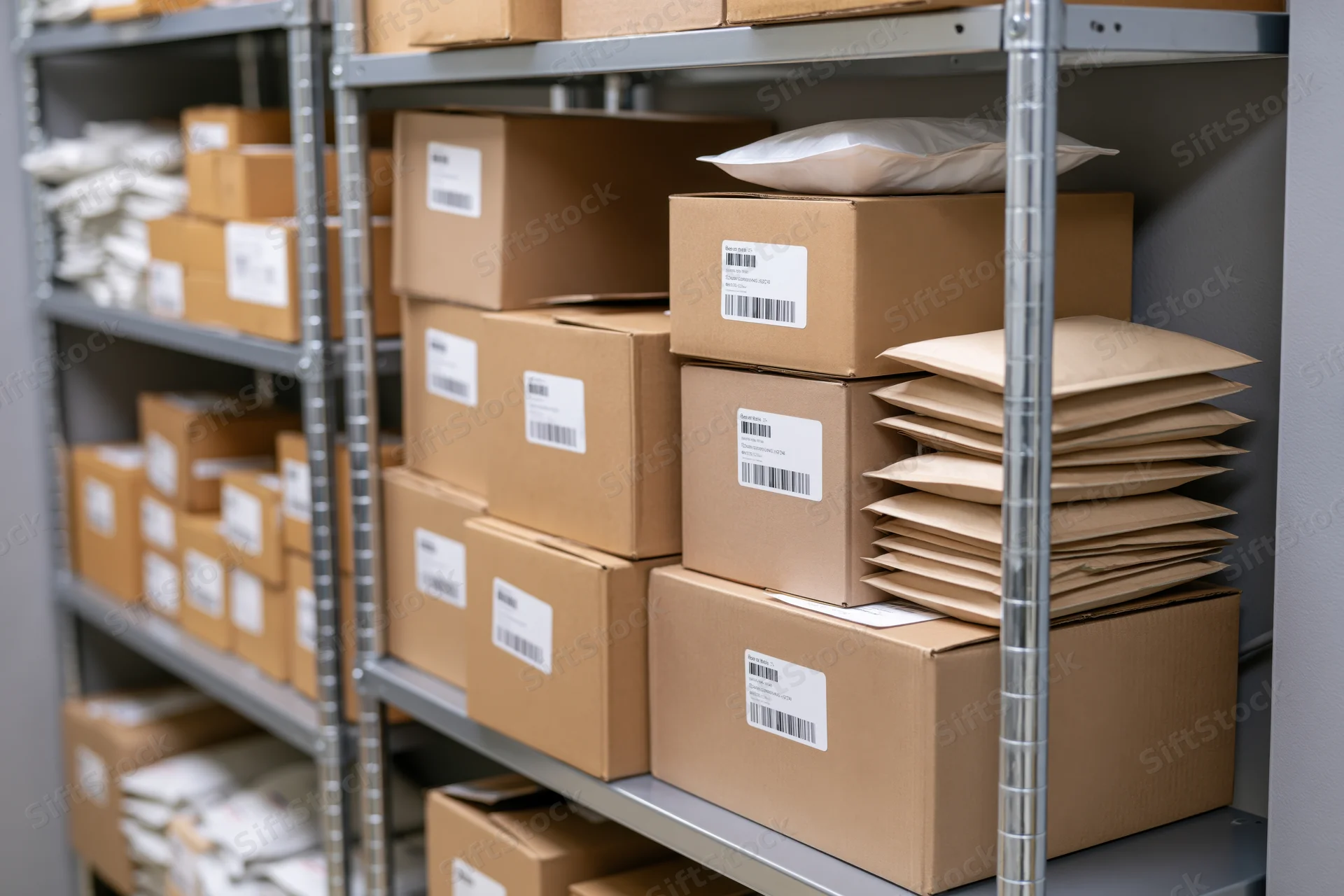 Metal shelving units stacked with cardboard shipping boxes in a warehouse storage area