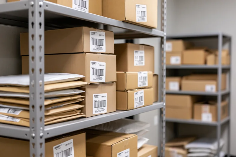 Metal shelving units stacked with cardboard shipping boxes in a warehouse storage area