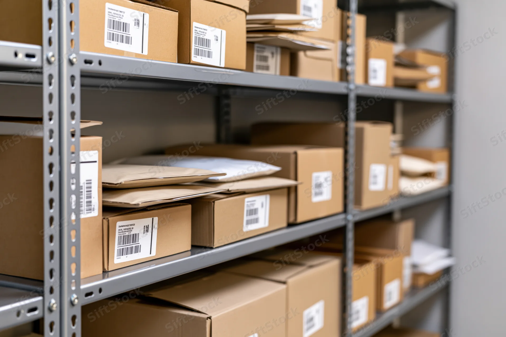Metal shelving units stacked with cardboard shipping boxes in a warehouse storage area