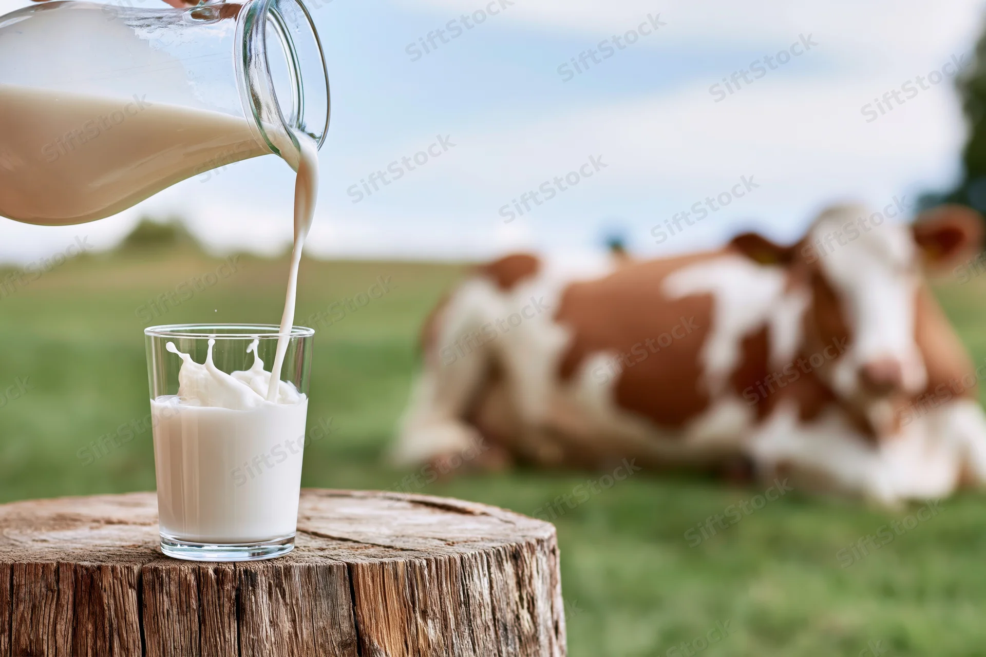 Milk being poured from a glass pitcher into a glass on a tree stump with a cow resting in a grassy field behind