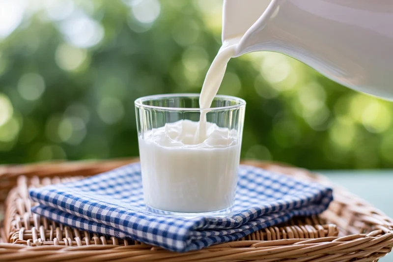 Milk being poured from a white jug into a clear glass on a checkered napkin in a wicker tray outdoors