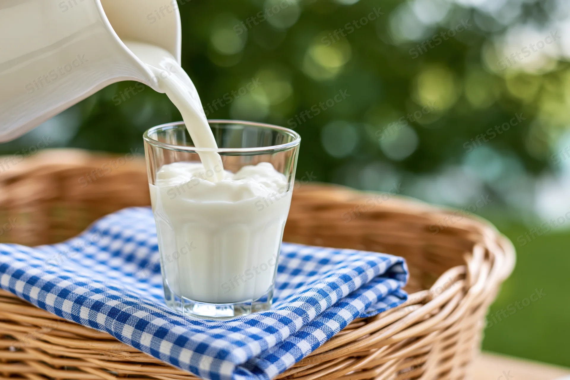 Milk being poured from a white jug into a clear glass on a checkered cloth in a wicker basket outdoors