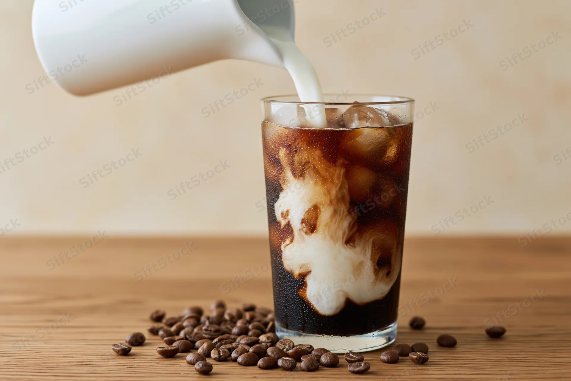 Milk being poured into a tall glass of iced coffee on a wooden table with coffee beans scattered around