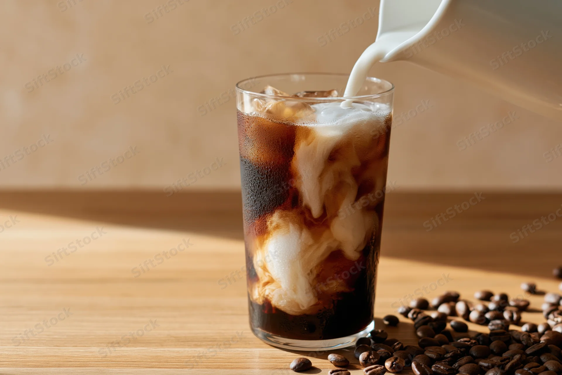 Milk being poured into a tall glass of iced coffee on a wooden table with coffee beans scattered nearby