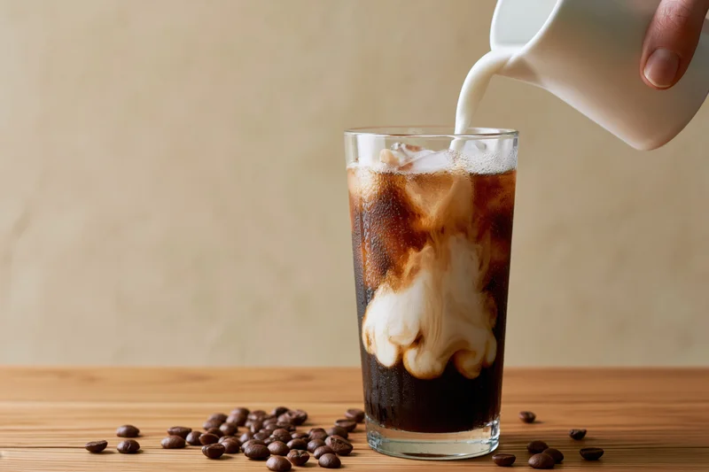 Milk being poured into a tall glass of iced coffee on a wooden table with coffee beans scattered around