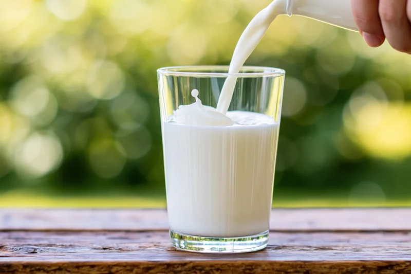 Milk being poured into a clear glass on a wooden table outdoors