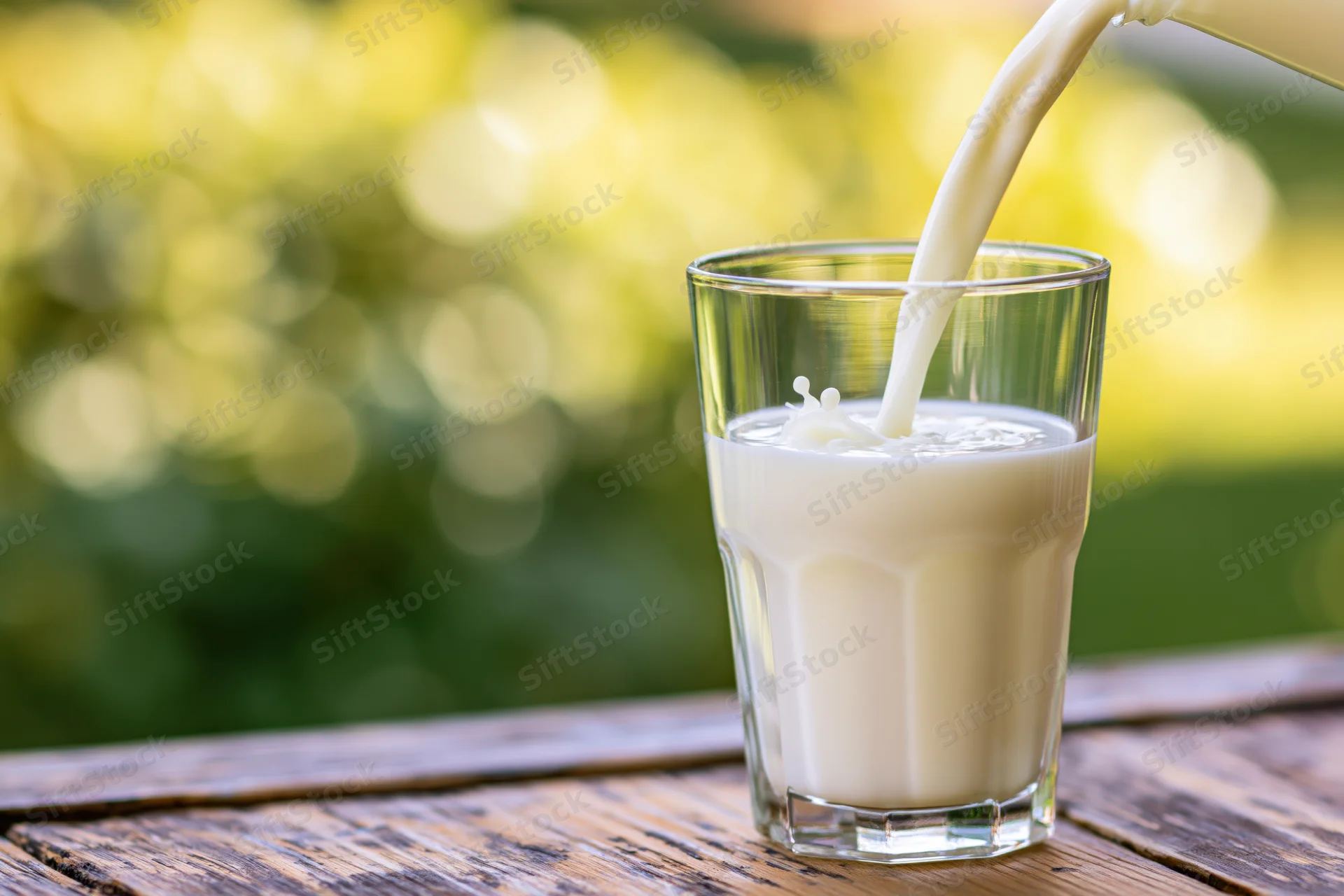 Milk being poured into a clear glass on a wooden table outdoors