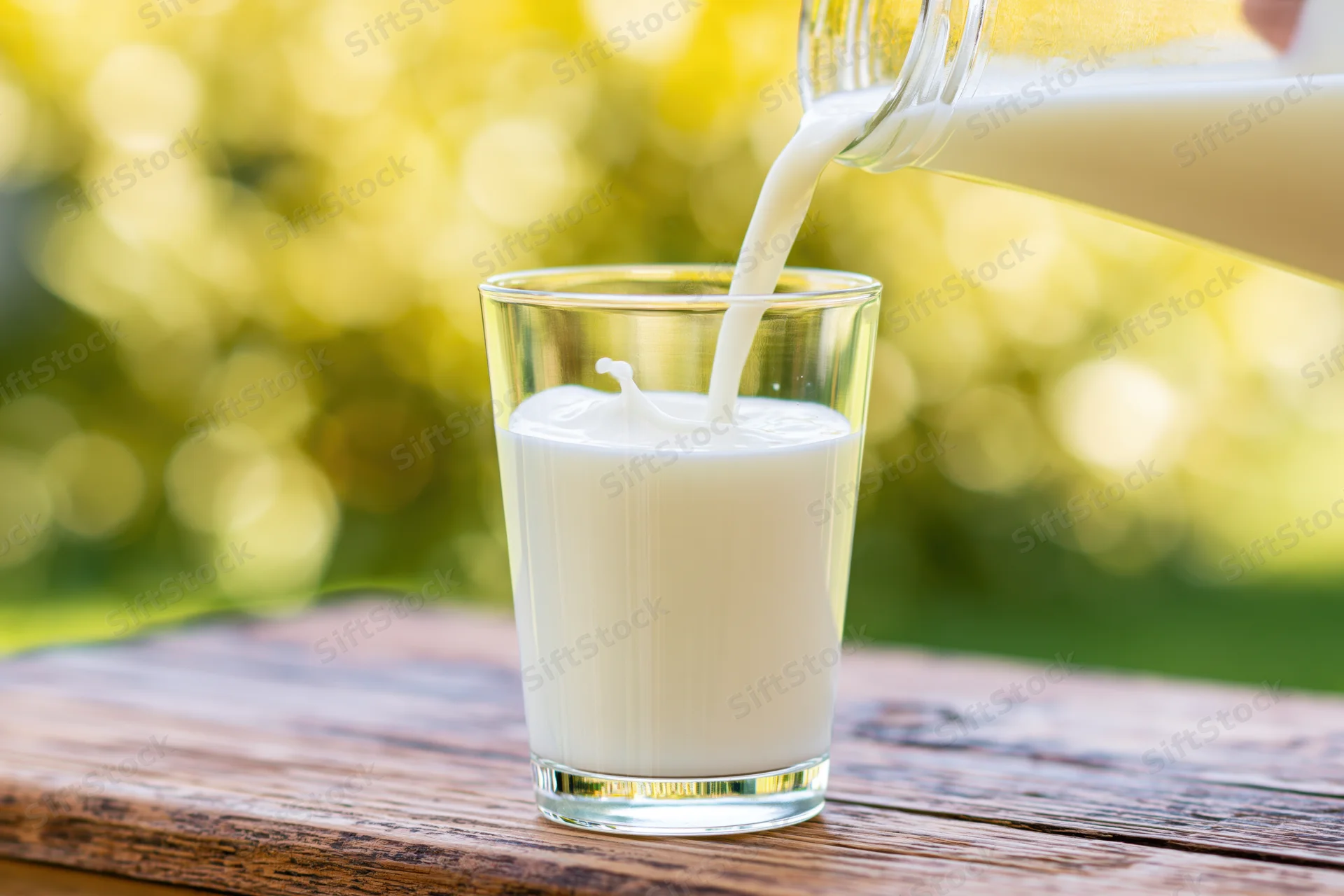 Milk being poured into a clear glass on a wooden table outdoors