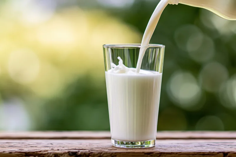 Milk being poured into a clear glass on a wooden table outdoors