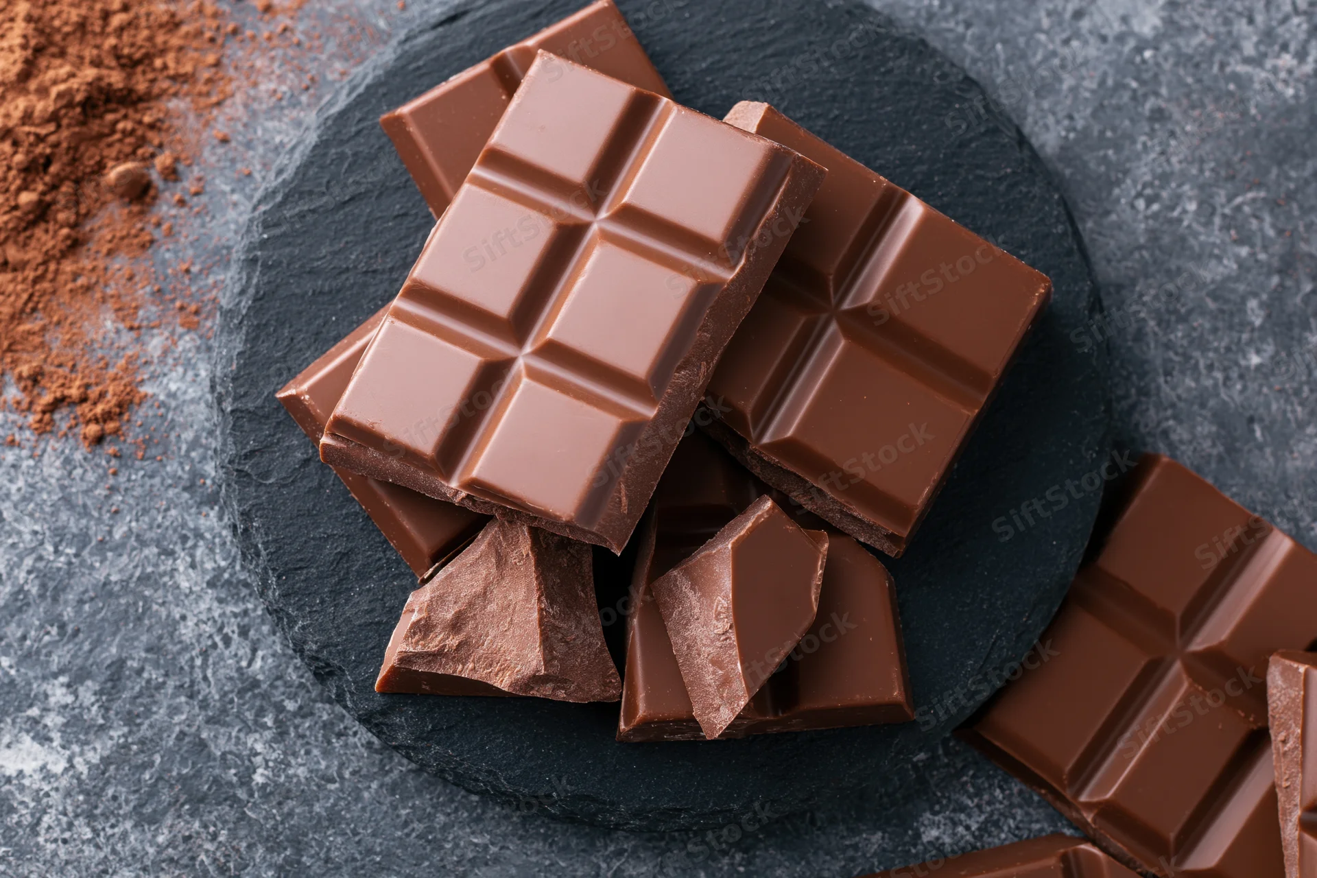Broken milk chocolate bars arranged on a round slate plate with cocoa powder scattered nearby