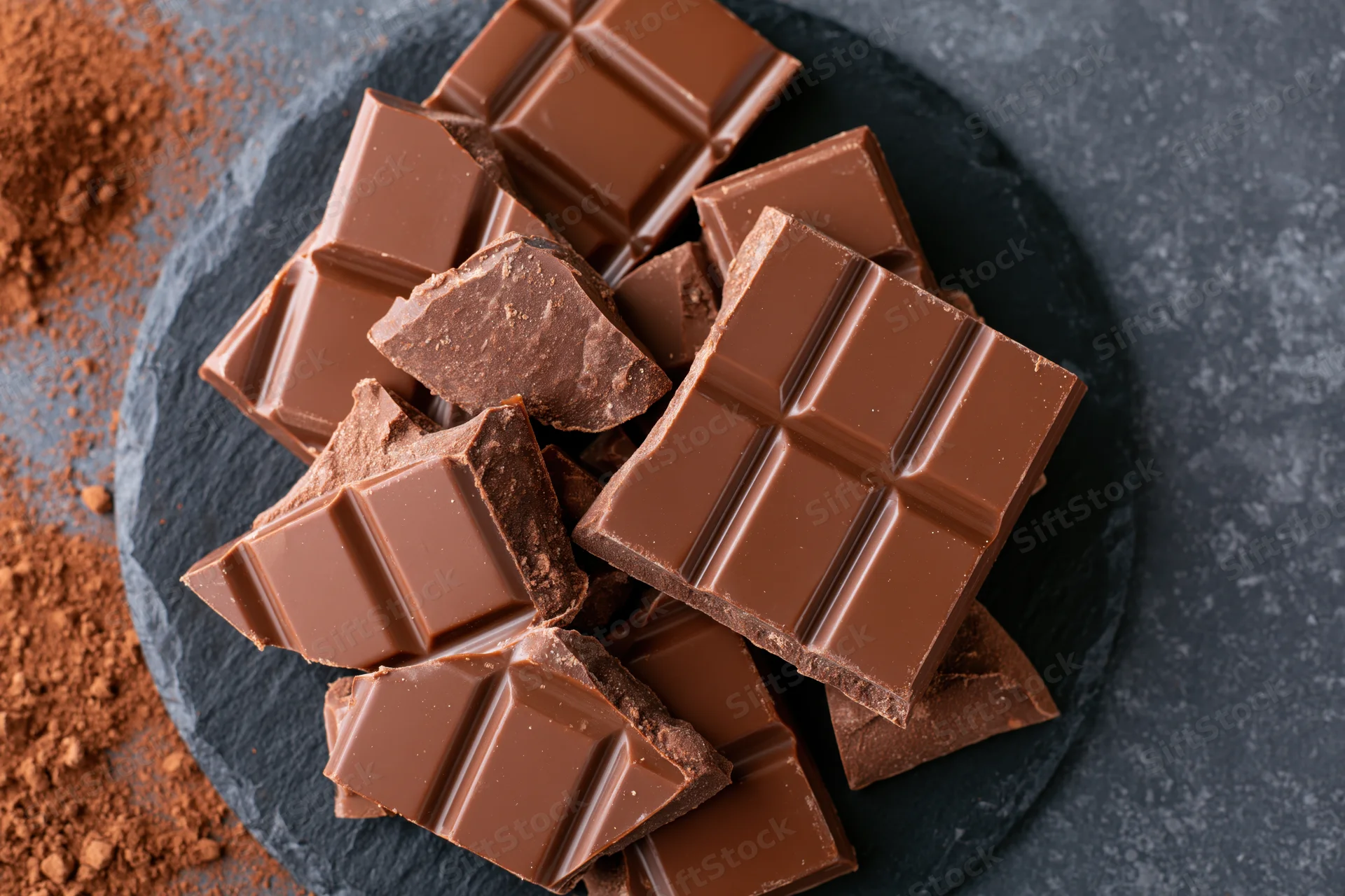Broken milk chocolate pieces arranged on a round slate plate with cocoa powder scattered nearby