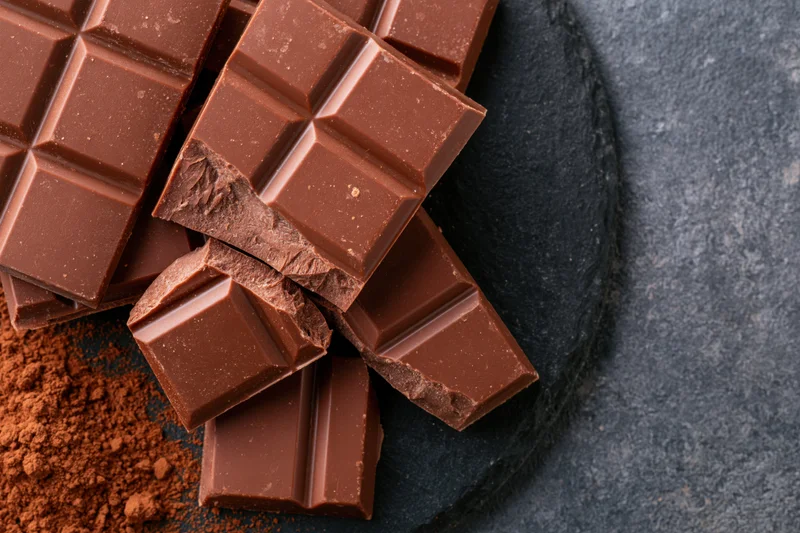 Broken milk chocolate bars and cocoa powder arranged on a round slate plate