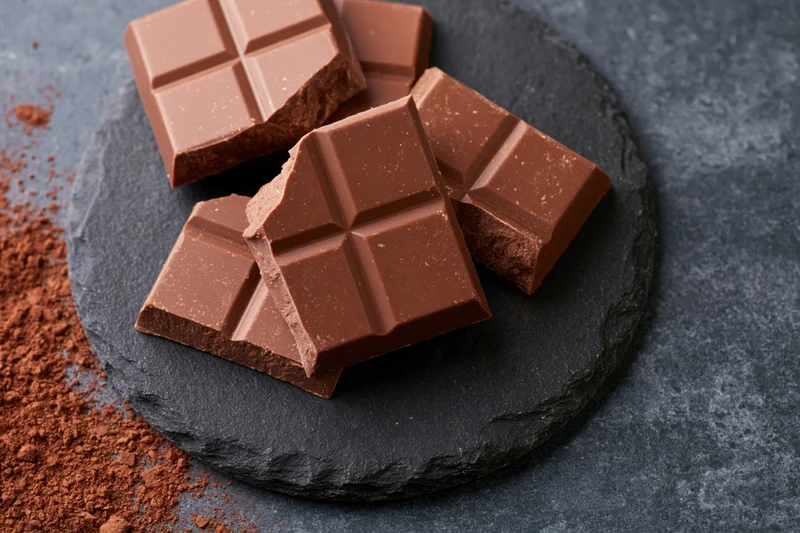 Broken milk chocolate pieces arranged on a round slate plate with cocoa powder scattered nearby