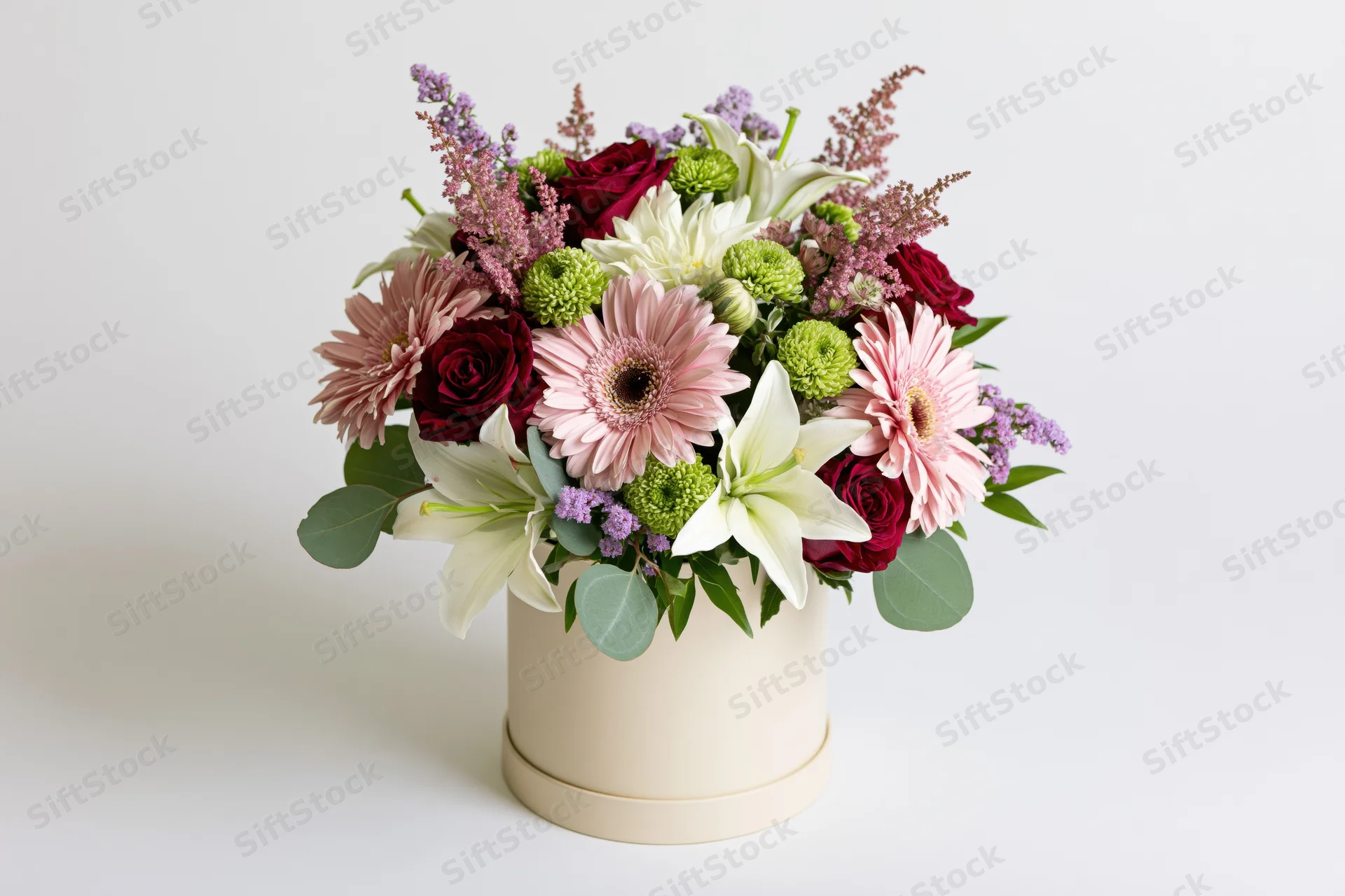 Mixed flower bouquet in a cream cylindrical vase centered on white background