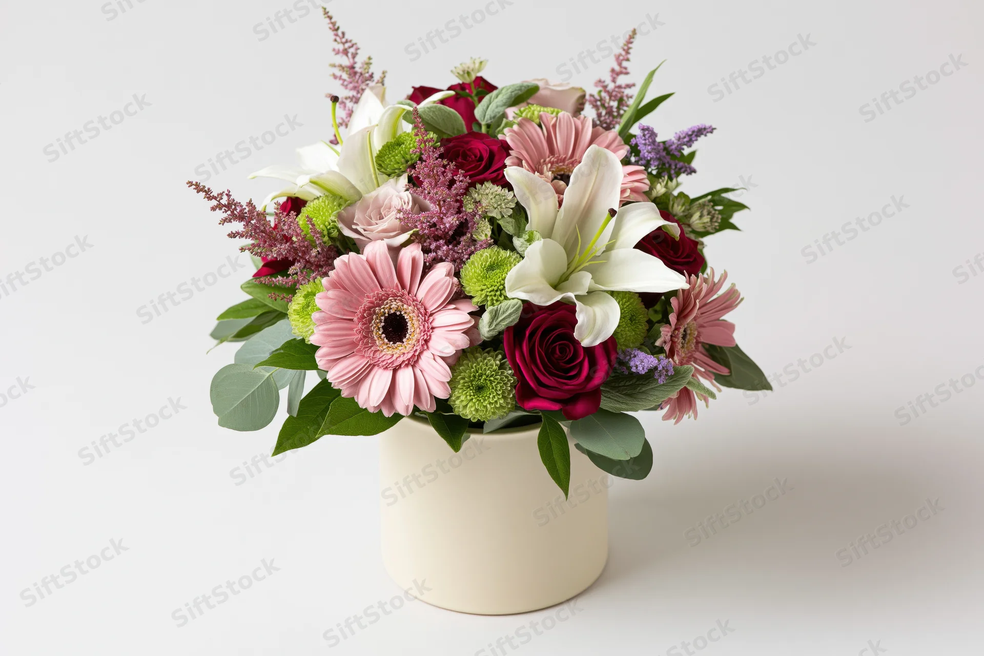 Mixed flower bouquet in a cream cylindrical vase centered on white background