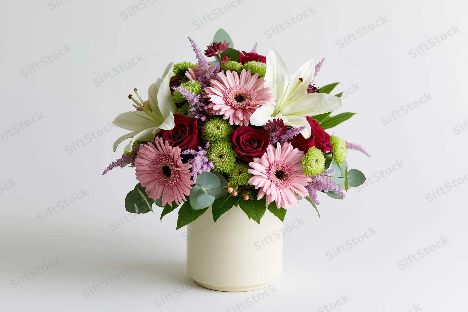 Mixed flower bouquet in cream cylindrical vase centered on white background