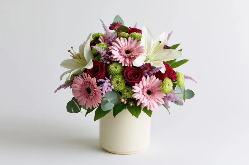 Mixed flower bouquet in cream cylindrical vase centered on white background