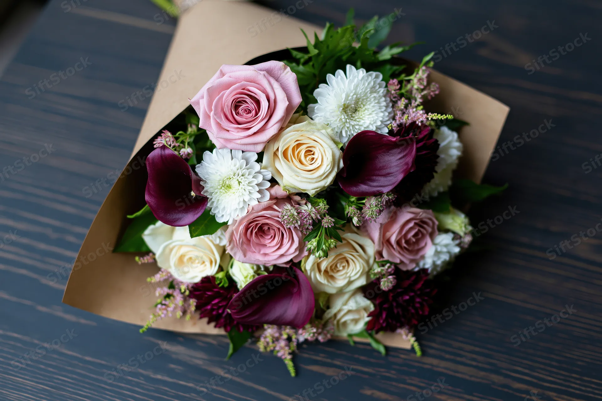 Mixed flower bouquet wrapped in kraft paper resting on dark wooden table