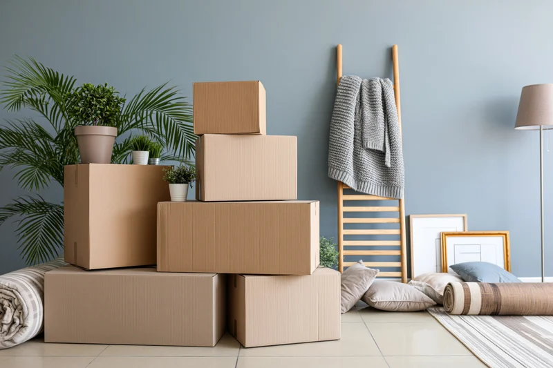 Stacked cardboard boxes and moving supplies in a modern living room with plants and decor