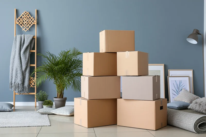 Stacked cardboard boxes in a modern living room with plants and decor during a move