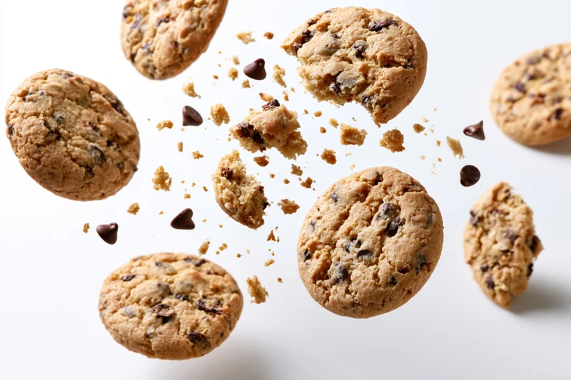 Chocolate chip cookies and broken halves suspended in midair against white background