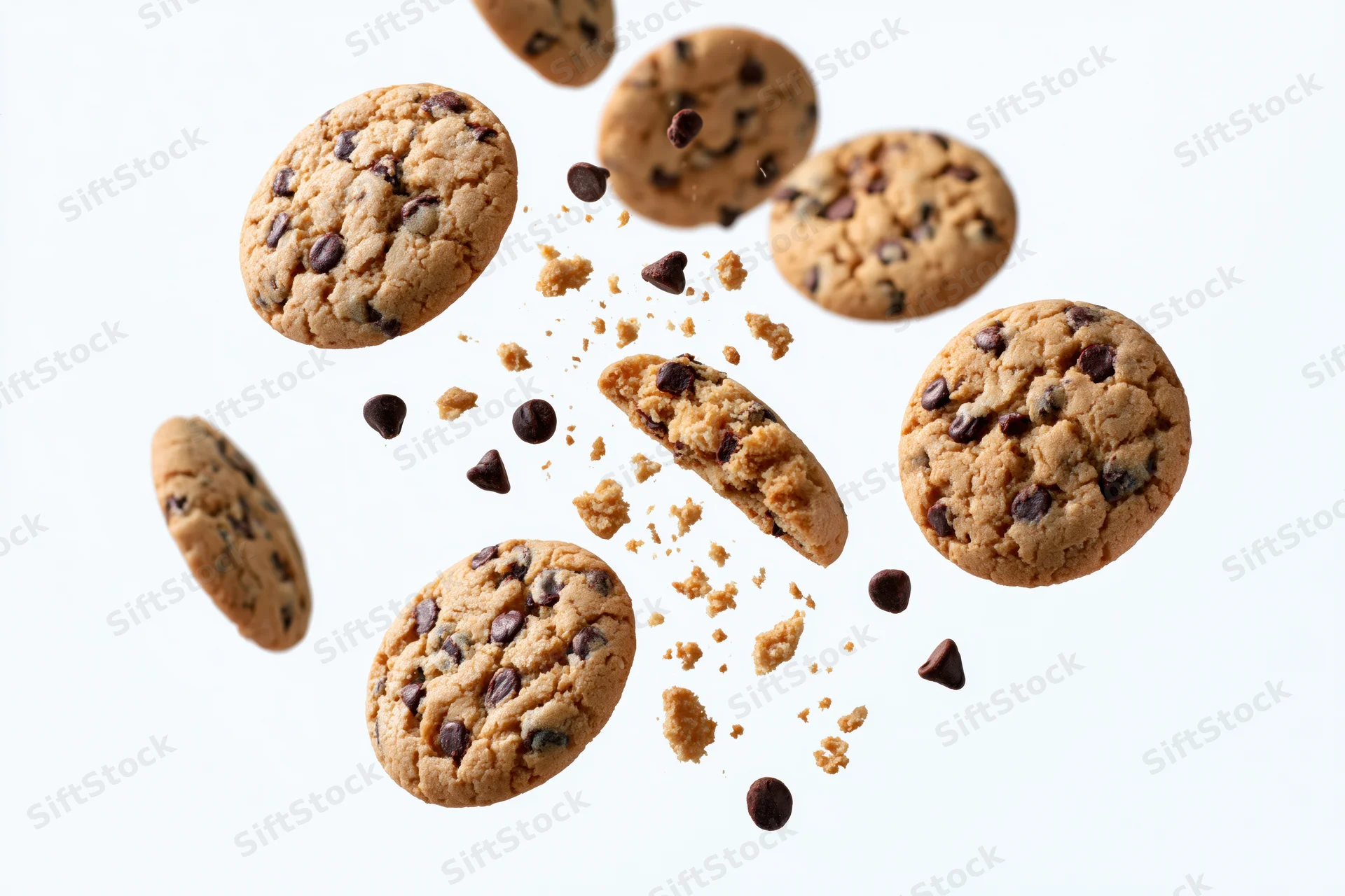 Chocolate chip cookies and halves suspended in midair against white background