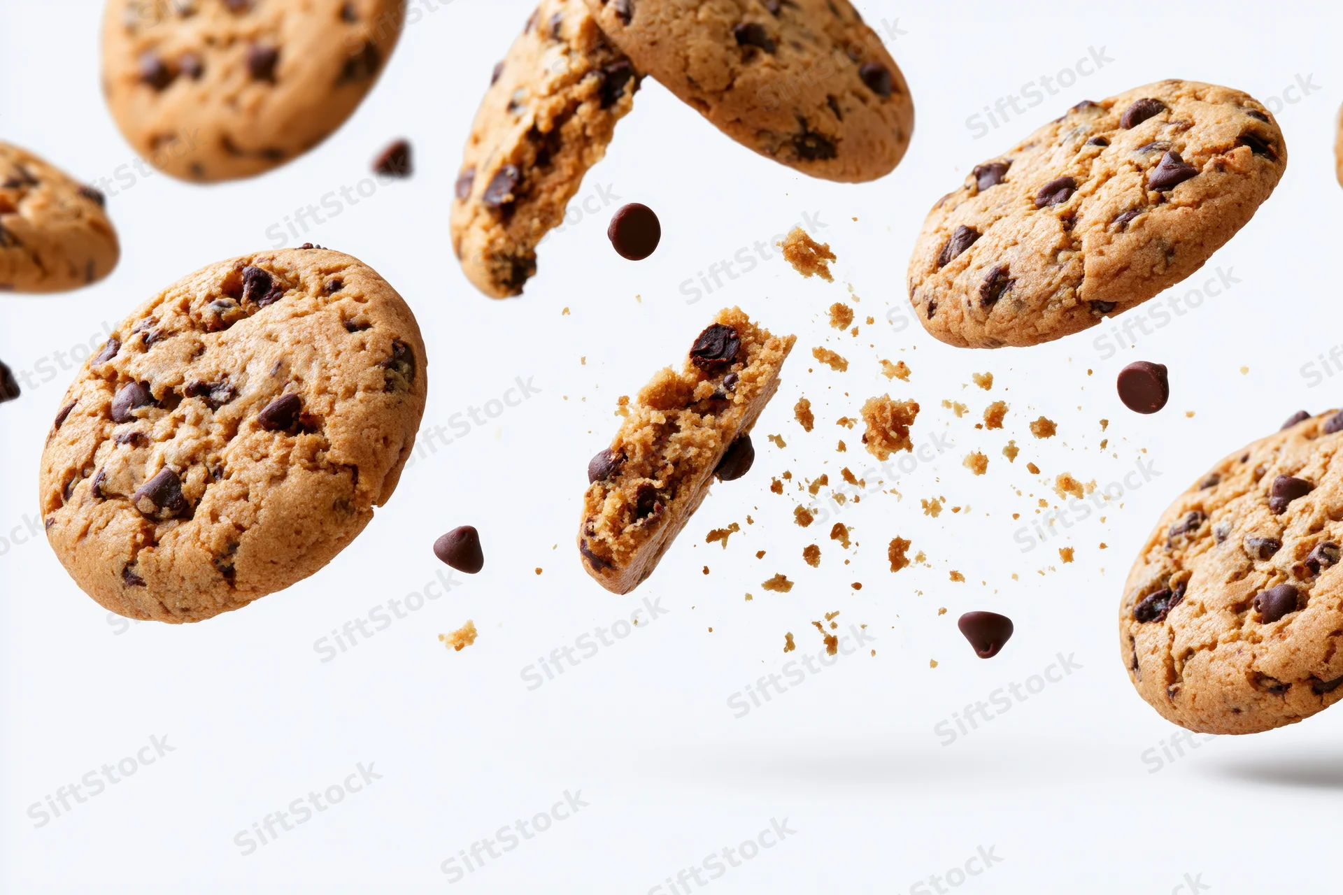 Chocolate chip cookies and broken halves suspended in midair against white background