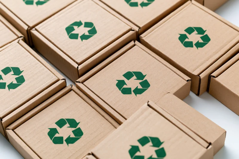 Flat corrugated cardboard mailer boxes arranged in a grid with green recycling symbols on white surface